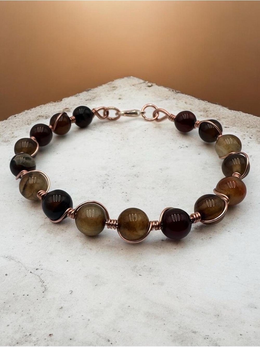 Brown Agate Beaded Wire Wrapped Bracelet Handmade Copper Boho Jewelry